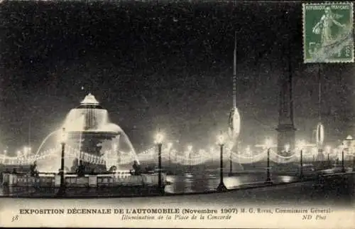 Ak Automobil-Ausstellung Paris 1907, Place de la Concorde, Illumination