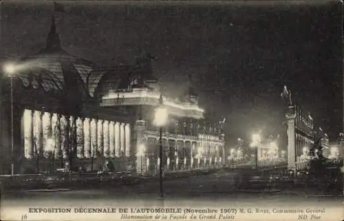 Ak Automobil-Ausstellung Paris 1907, Grand Palais, Ausstellungspalast, Fassadenbeleuchtung