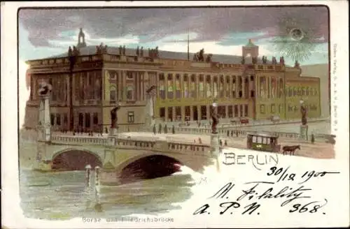 Künstler Litho Berlin, Börse mit Friedrichsbrücke und Tram
