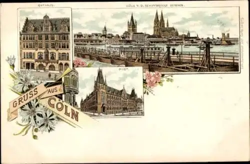 Litho Köln am Rhein, Rathaus, Post, Stadt von der Schiffbrücke gesehen