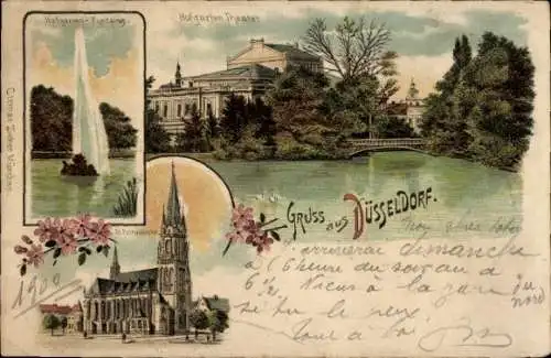 Litho Düsseldorf am Rhein, St. Petruskirche, Hofgarten Theater, Fontaine