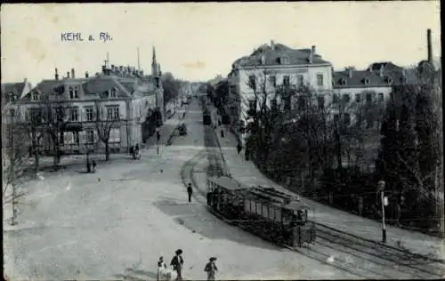 Ak Kehl am Rhein, Teilansicht, Straßenbahn