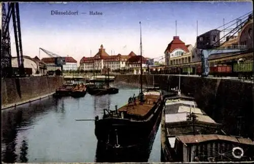 Ak Düsseldorf am Rhein, Hafen, Lastkähne, Kräne