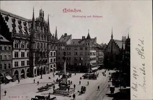 Ak München Bayern, Marienplatz mit Mariensäule, Rathaus