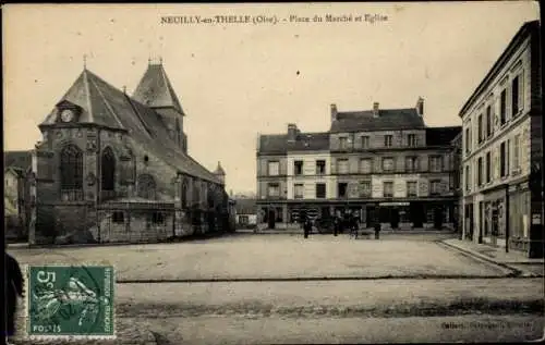 Ak Neuilly en Thelle Oise, Place du Marche et Eglise