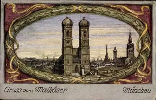 Passepartout Künstler Ak München, Mathäser-Bräu, Teilansicht der Stadt, Frauenkirche