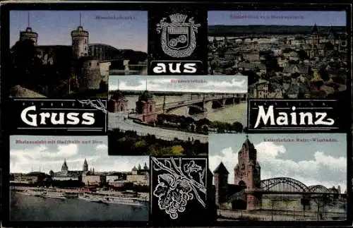 Ak Mainz am Rhein, Totalansicht, Kaiserbrücke, Stadthalle, Dom, Straßenbrücke