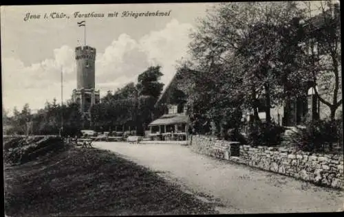 Ak Jena in Thüringen, Forsthaus, Kriegerdenkmal, Turm, Flagge