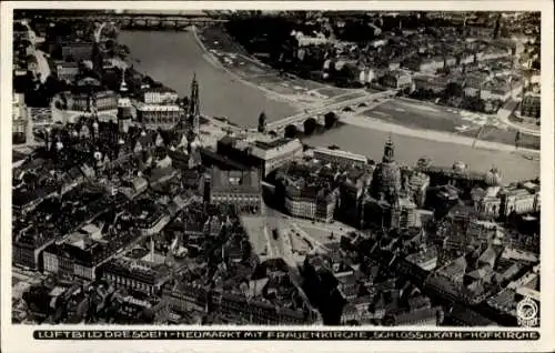 Ak Dresden, Luftbild, Stadtansicht, Fluss, Brücke