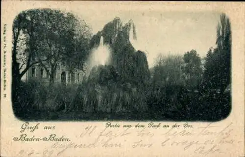 Ak Baden Baden am Schwarzwald, Park, Teilansicht, Wasserfontäne