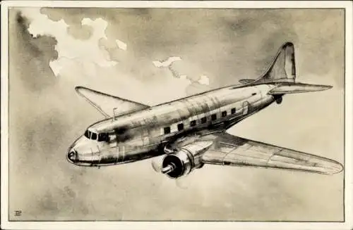Künstler Ak Passagierflugzeug Douglas DC3, Dakota