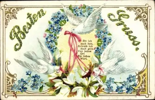 Präge Ak Tauben, Schleife, Vergissmeinnicht, Blumen