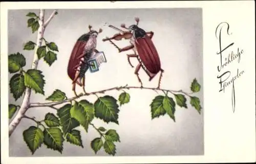 Ak Glückwunsch Pfingsten, Musizierende Maikäfer, Geige, Harmonika