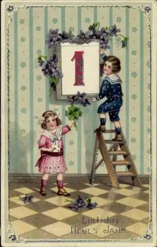 Ak Glückwunsch Neujahr, Kinder, Kalender, Veilchen, Glücksklee