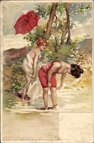 Litho Frau im Badeanzug, Busen, badende Frauen