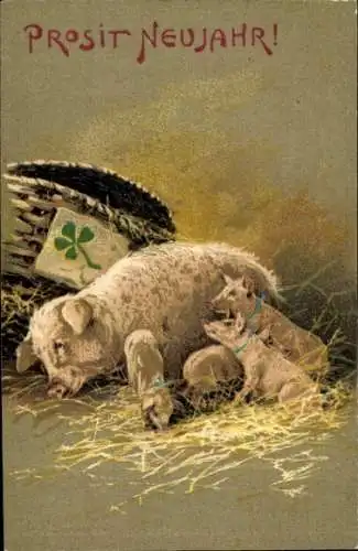 Präge Ak Glückwunsch Neujahr, Schweine, Glücksklee