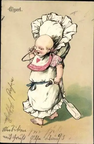 Präge Litho Baby-Portrait, Babyflasche, Monokel