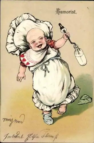 Präge Litho Kind mit Milchflasche, Humorist