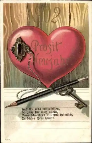 Litho Glückwunsch Neujahr 1902, Herz, Stift, Schlüssel