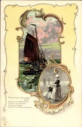 Präge Passepartout Litho Frau mit Kind in Trachten, Abschied, Segelboot