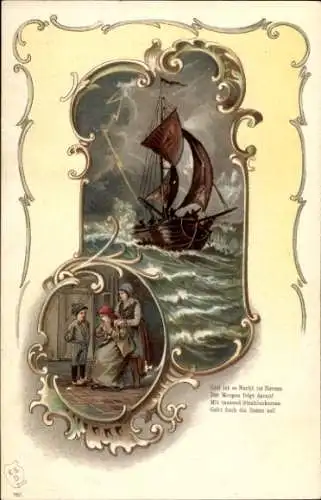 Präge Passepartout Litho Kinder in Trachten, Segelboot, Sturm