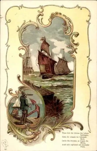 Präge Passepartout Litho Mann mit Fernrohr, Segelboote