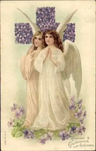 Präge Ak Glückwunsch Konfirmation, Betende Engel, Veilchen, Kreuz