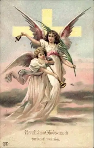 Präge Ak Glückwunsch Konfirmation, Engel, Trompete, Kreuz