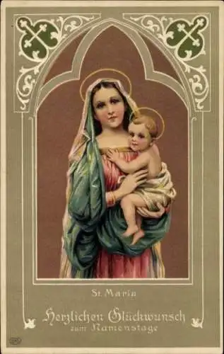 Präge Passepartout Ak Glückwunsch Namenstag, Maria mit Jesus