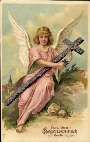 Präge Ak Glückwunsch Konfirmation, Engel, Kreuz
