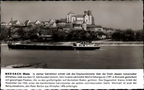 Ak Breisach am Oberrhein Kreis Breisgau Hochschwarzwald, Flusspartie mit Lastenkahn, Kirche