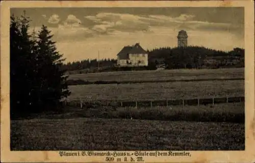 Ak Plauen im Vogtland, Bismarck Haus und Säule auf dem Kemmler