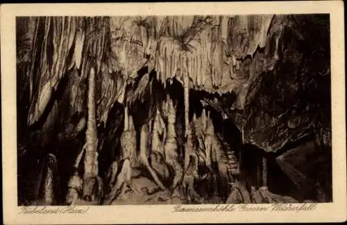 Ak Rübeland Oberharz am Brocken, Baumannshöhle, Großer Wasserfall, Tropfsteine