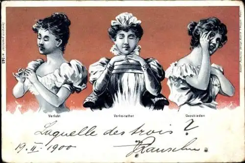 Litho Frauenportraits, verlobt, verheiratet, geschieden