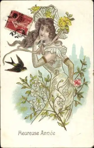 Präge Litho Glückwunsch Neujahr, Frau mit Hut, Schwalbe, Blüten