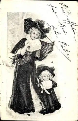 Ak Zwei Mädchen in Winterkleidung, Muff, Wintermantel