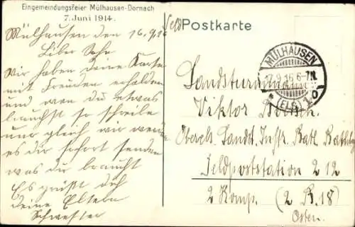 Künstler Ak Becker, Dornach Mulhouse Mülhausen Elsass Haut Rhin, Eingemeindungsfeier 1914, Kaiser