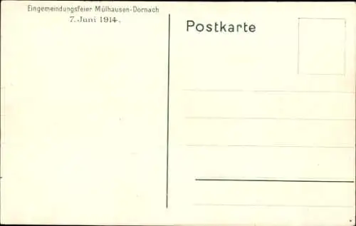 Künstler Ak Becker, Dornach Mulhouse Mülhausen Elsass Haut Rhin, Eingemeindungsfeier 1914, Festzug