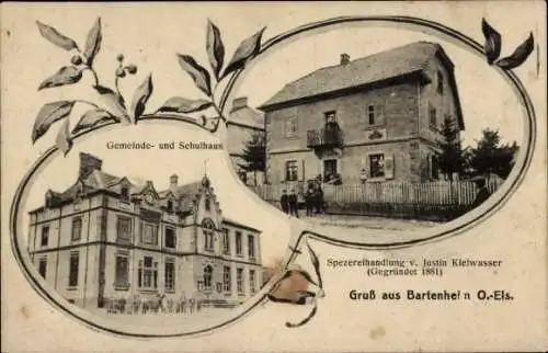 Ak Bartenheim Elsass Haut Rhin, Spezereihandlung, Gemeindehaus, Schulhaus