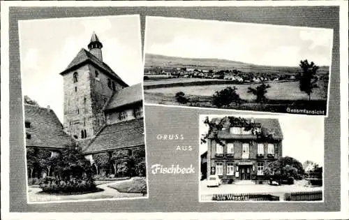 Ak Fischbeck Hessisch Oldendorf an der Weser, Gesamtansicht, Gasthaus Wesertal, Stiftskirche