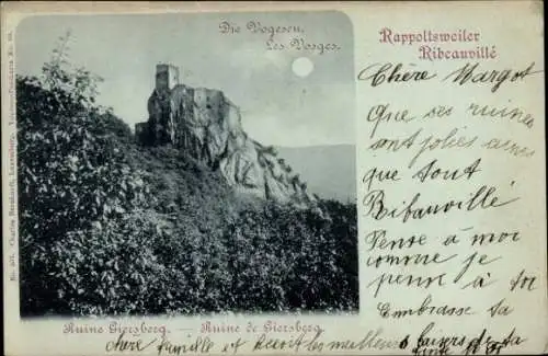 Mondschein Ak Ribeauvillé Rappoltsweiler Elsass Haut Rhin, Burg Girsberg, Ruine