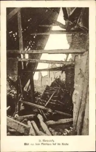 Ak Sainte Marie in Py Marne, Kirche, Blick aus dem Pfarrhaus