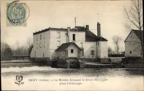 Ak Héry Yonne, Le Moulin donnant la force electrique pour l'eclairage