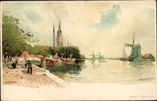 Künstler Litho Cassiers, H., Zaandam Südholland, Windmühle, Kirchturm, Boote