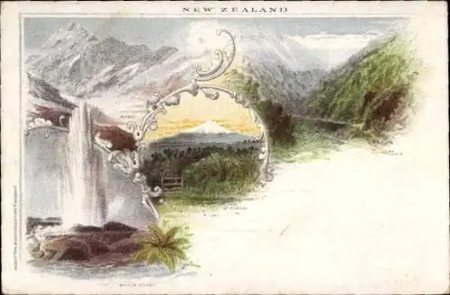 Ganzsachen Ak Neuseeland, Geysir, Berglandschaft