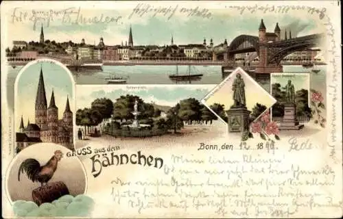 Litho Bonn am Rhein, Gastwirtschaft Hähnchen, Münster, Kaiserplatz, Denkmal, Stadt von Beuel gesehen