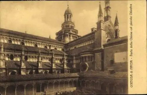 Ak Certosa di Pavia Lombardia, Parte della Chiesa col piccolo Chiostro