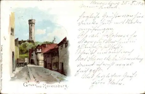 Litho Ravensburg in Württemberg Oberschwaben, Straßenpartie, Turm
