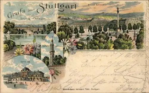 Litho Stuttgart, Schloss mit Anlagen, Neues Schloss, Solitude, Degerlocher Aussichtsturm