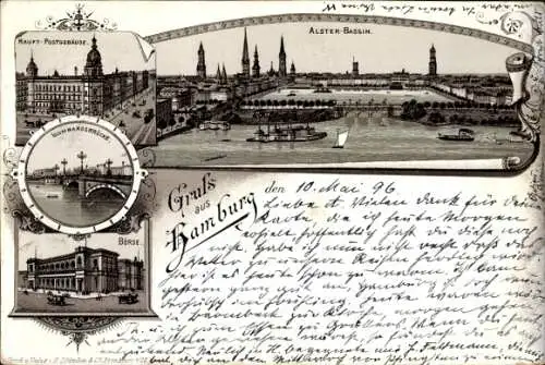 Ak Hamburg Mitte Neustadt, Alster Bassin, Lombardsbrücke, Post, Börse